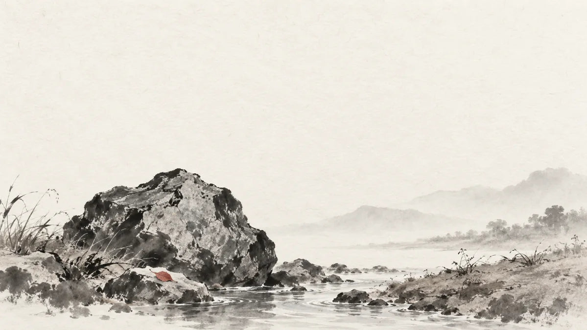 Ink wash painting of a rugged iron-rich rock beside a thin stream and a small bank of earth.