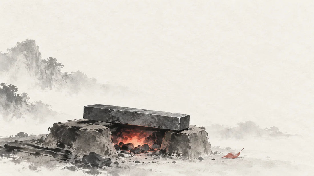 Ink wash painting of a plain iron billet above a modest glowing forge ember on an earthen hearth.