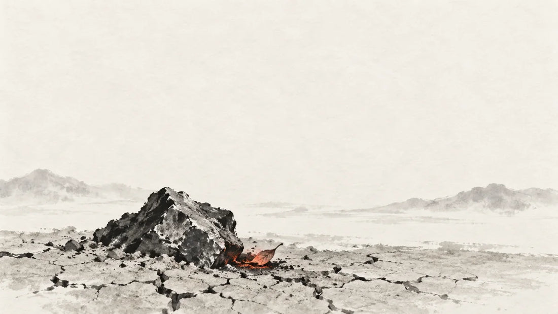 Ink wash painting of a rough piece of iron half resting in dry cracked earth beside a tiny warm ember.
