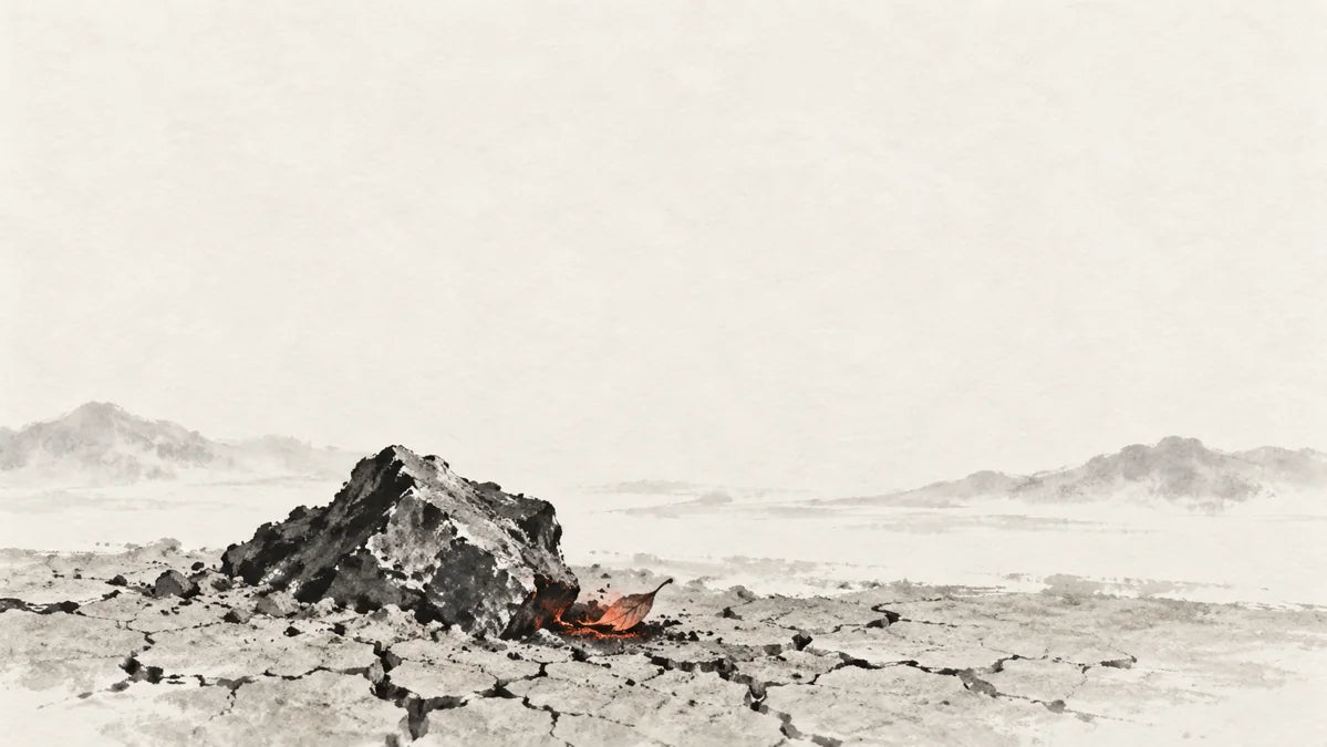 Ink wash painting of a rough piece of iron half resting in dry cracked earth beside a tiny warm ember.