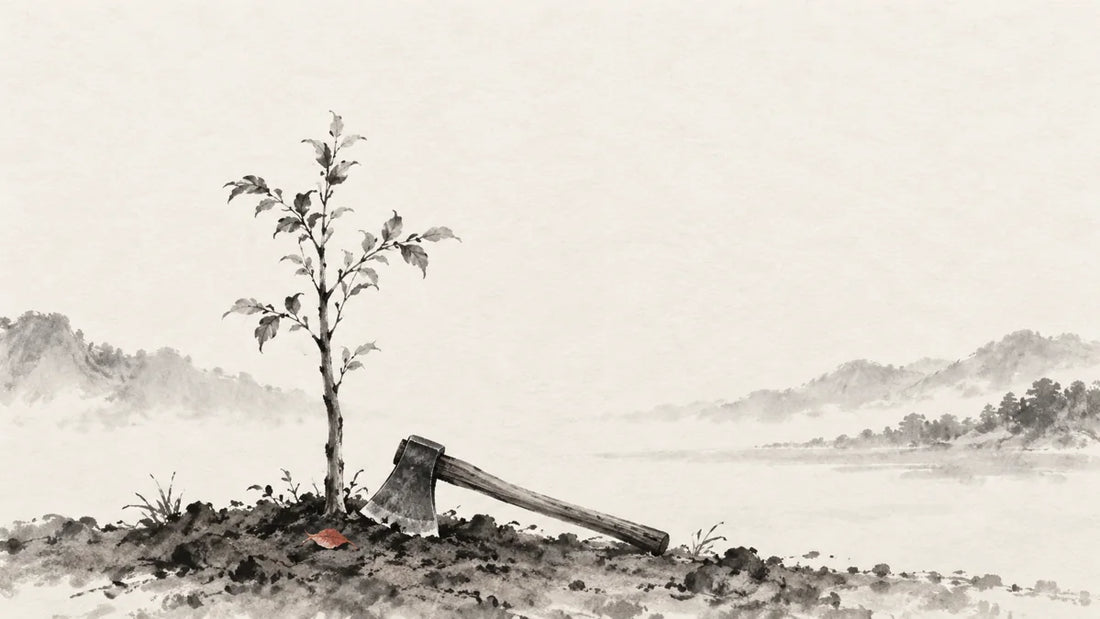 Ink wash painting of a plain iron axe resting beside an upright young tree on exposed soil.