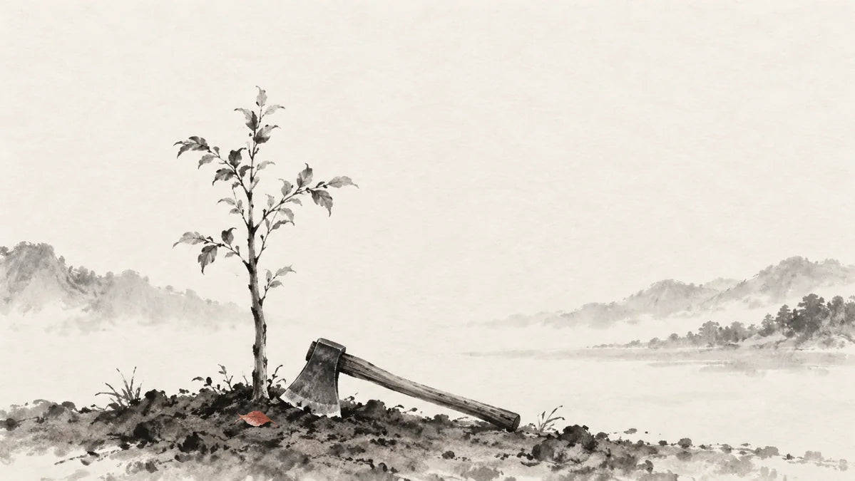 Ink wash painting of a plain iron axe resting beside an upright young tree on exposed soil.