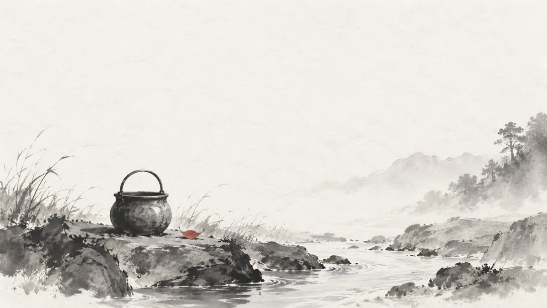 Ink wash painting of a simple iron vessel beside a clear narrow stream.