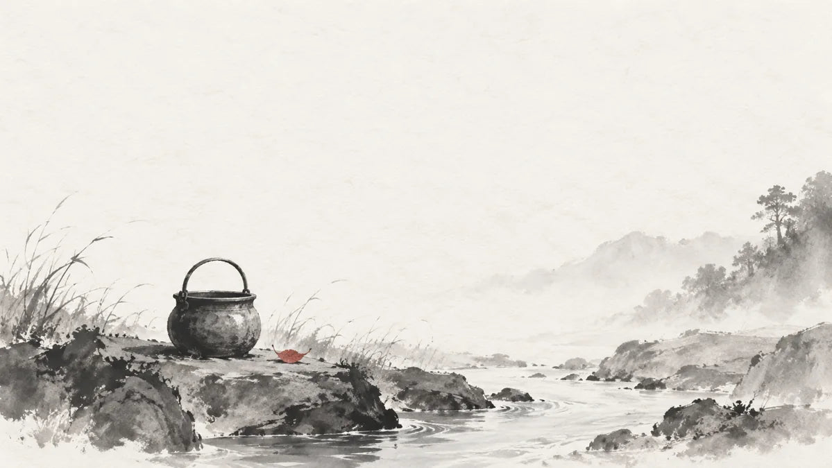 Ink wash painting of a simple iron vessel beside a clear narrow stream.