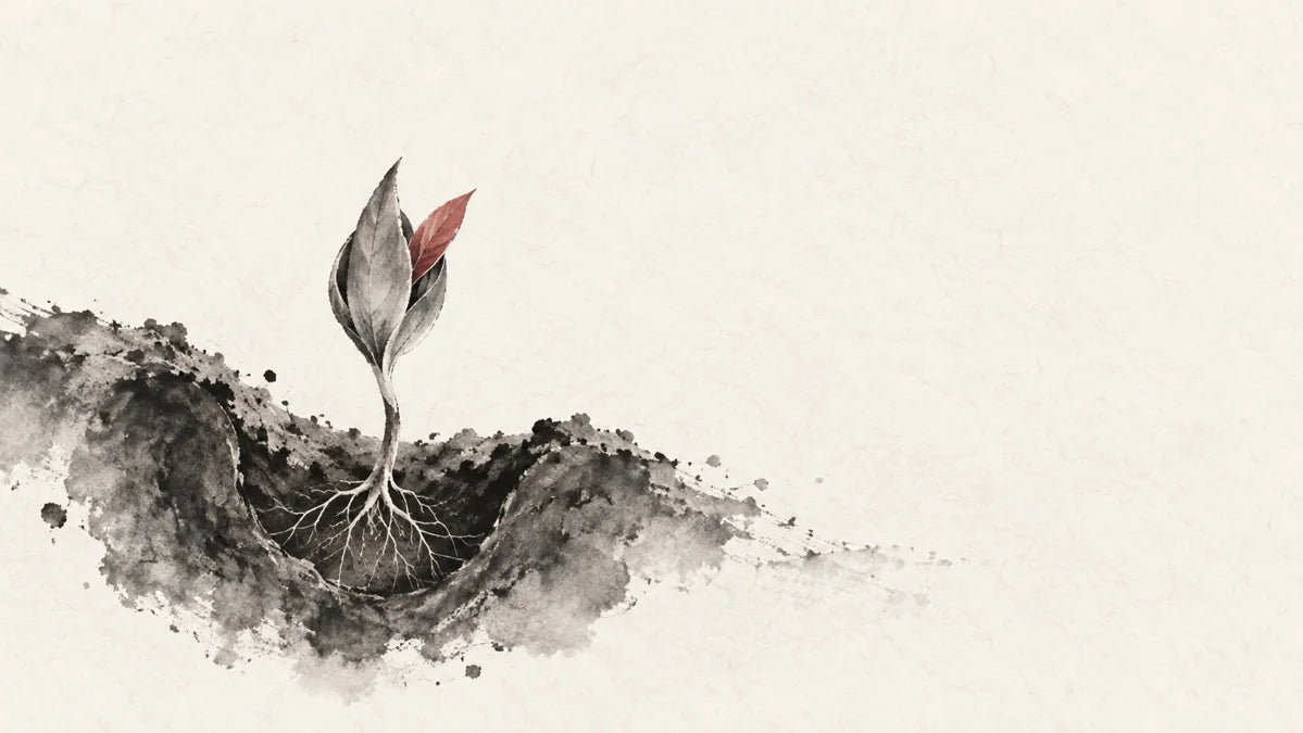Ink wash painting of a sheltered young plant held in nourishing earth.