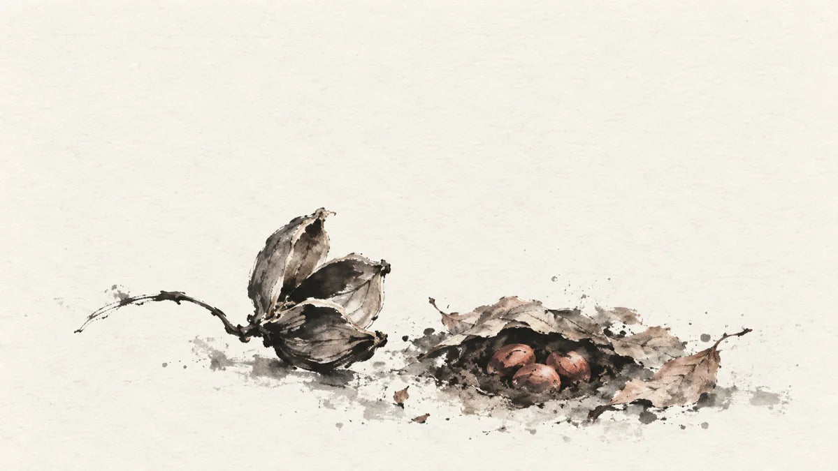 Ink wash painting of a small opened dry seed pod beside a shallow pocket of earth holding three seeds under a light layer of fallen leaves; gathering and safekeeping, seeds visibly present, no grave imagery.