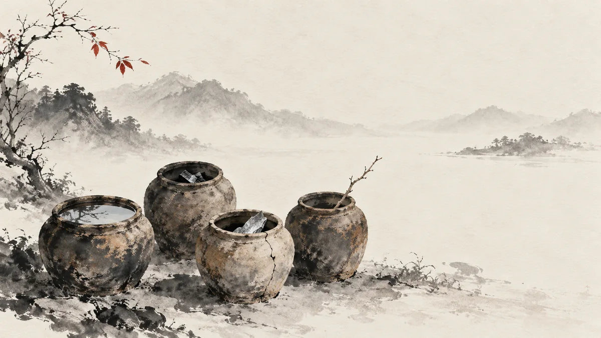 Ink wash painting of four small earthen storage jars with different natural contents peeking out, a fine crack in one jar but nothing spilling out.