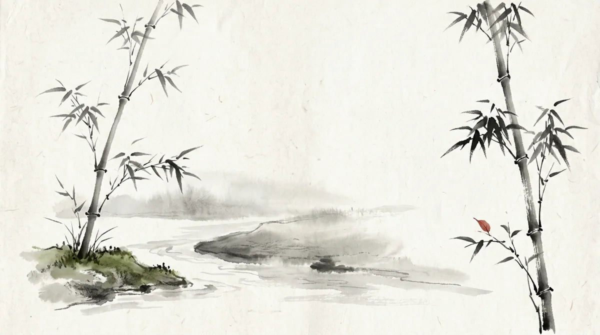 Ink wash illustration: two separated bamboo stems on opposite sides of a quiet stream with one tiny red leaf