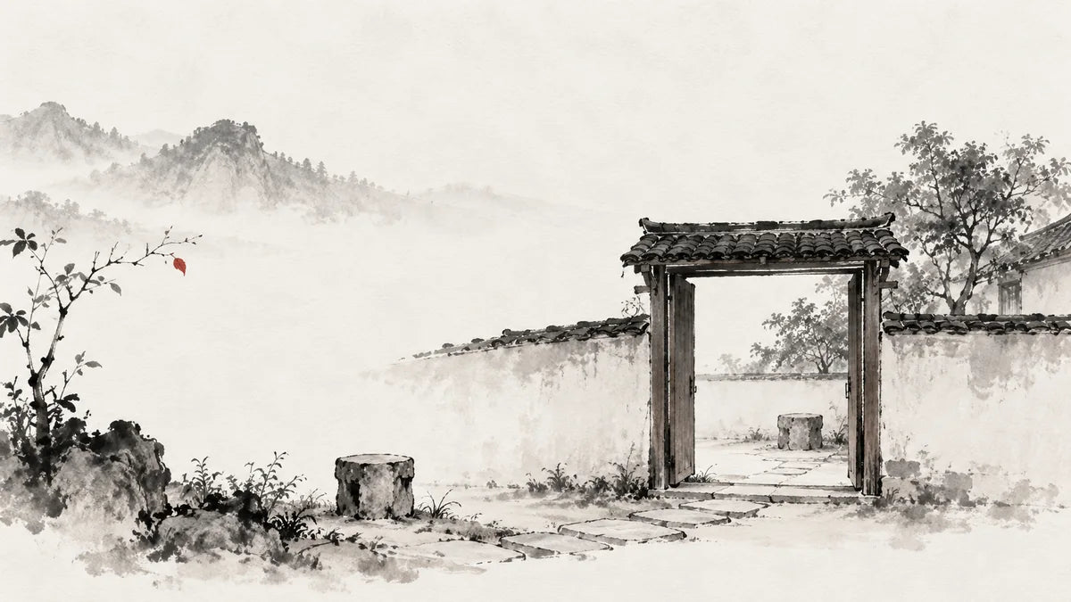 Ink wash painting of a low open courtyard gate between an empty guest stool outside and an empty host stool inside, linked by a quiet stone path.