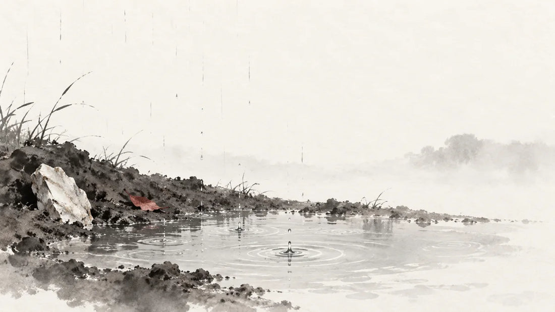 Ink wash painting of fine rain falling into a small pool held by damp earth beside a pale mineral shard.