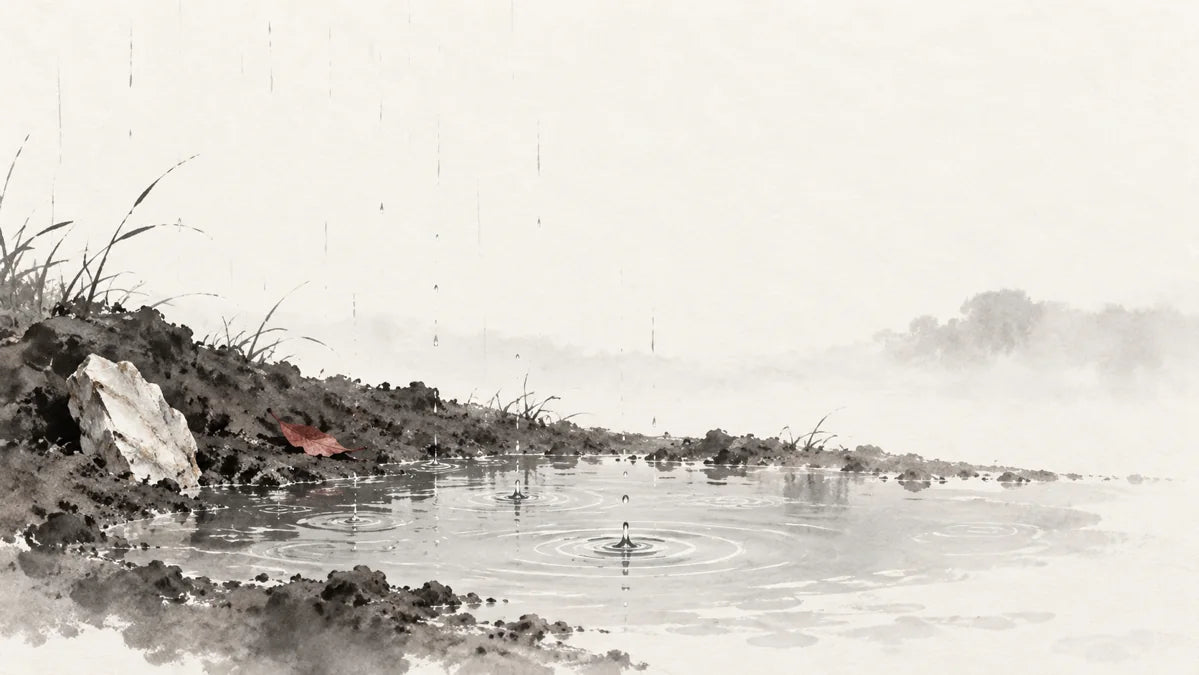 Ink wash painting of fine rain falling into a small pool held by damp earth beside a pale mineral shard.