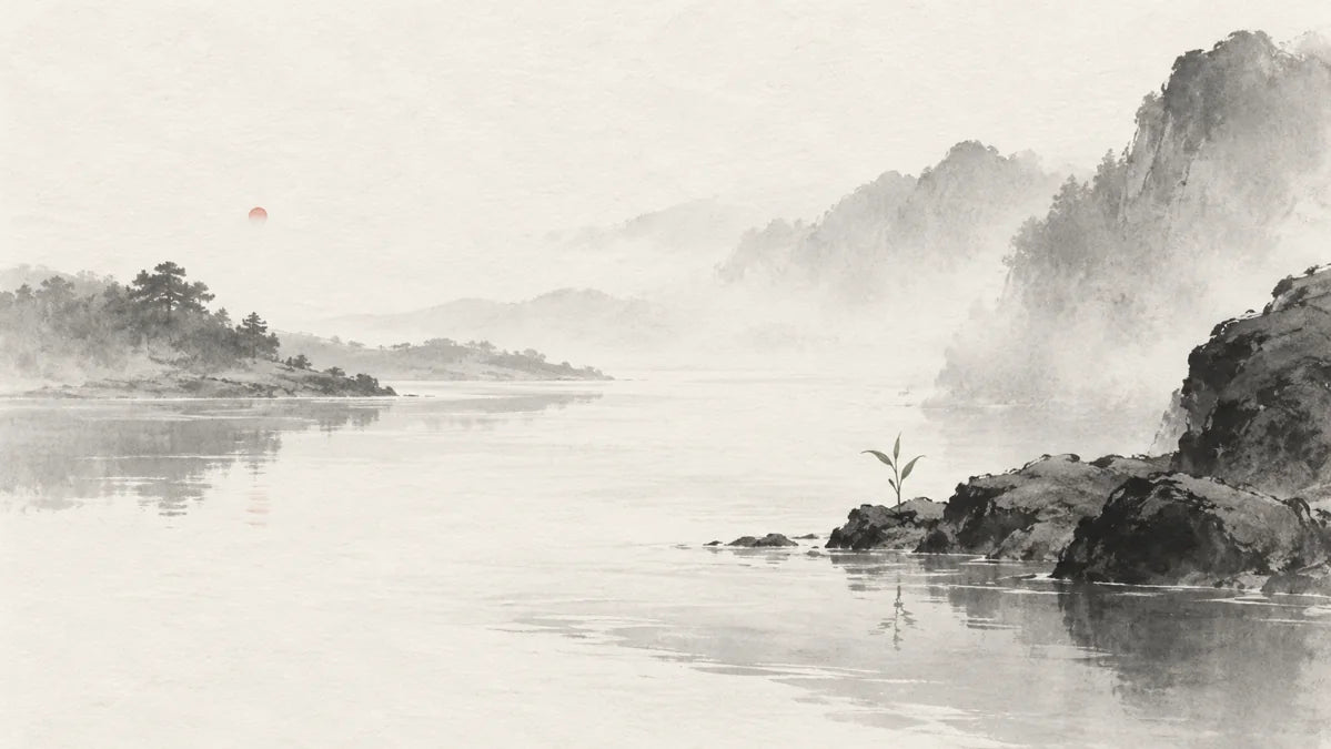 Ink wash painting of fine mist descending into a quiet inlet joined to a broad river, beside one young shoot.