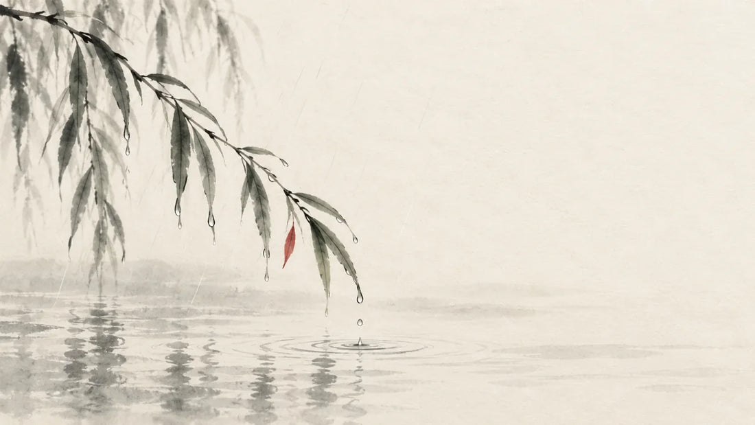 Ink wash painting of fine rain collecting on a single slender willow shoot above a quiet stream.