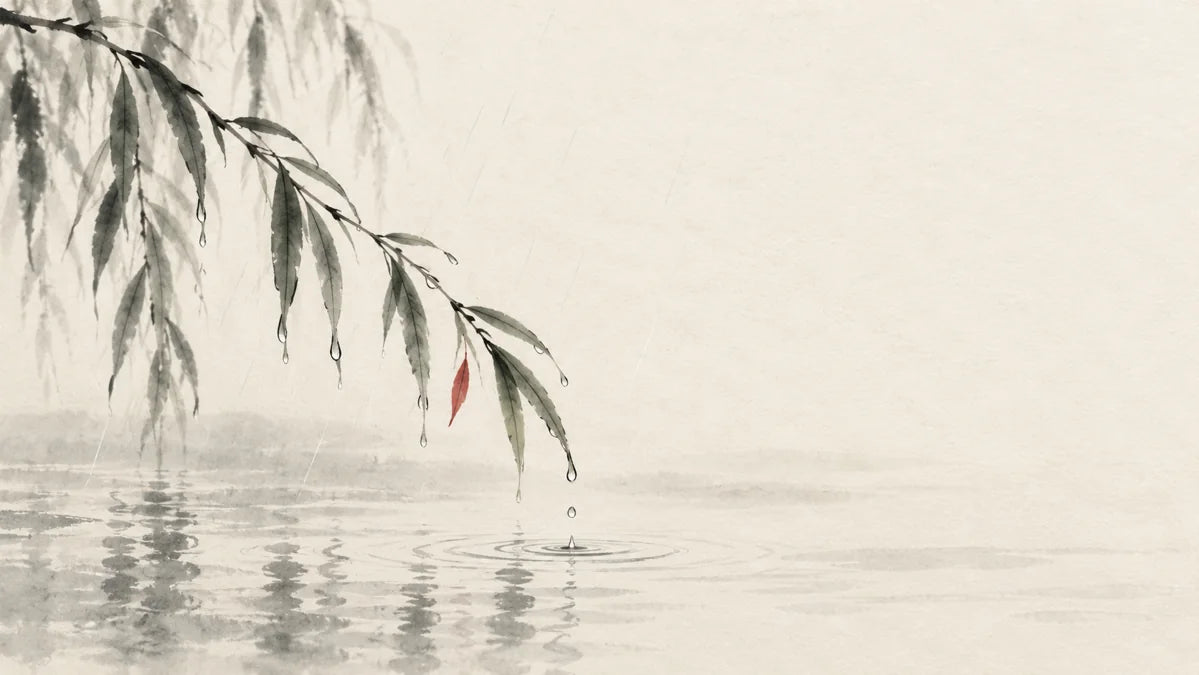 Ink wash painting of fine rain collecting on a single slender willow shoot above a quiet stream.