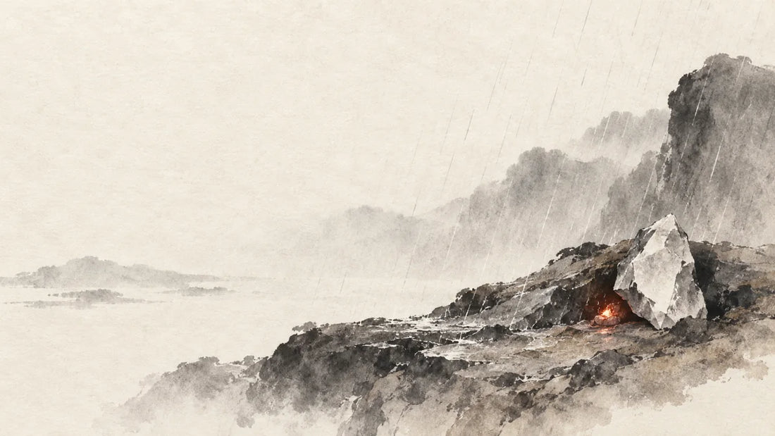 Ink wash painting of fine rain crossing a warm rocky slope with one small ember and a pale mineral shard.