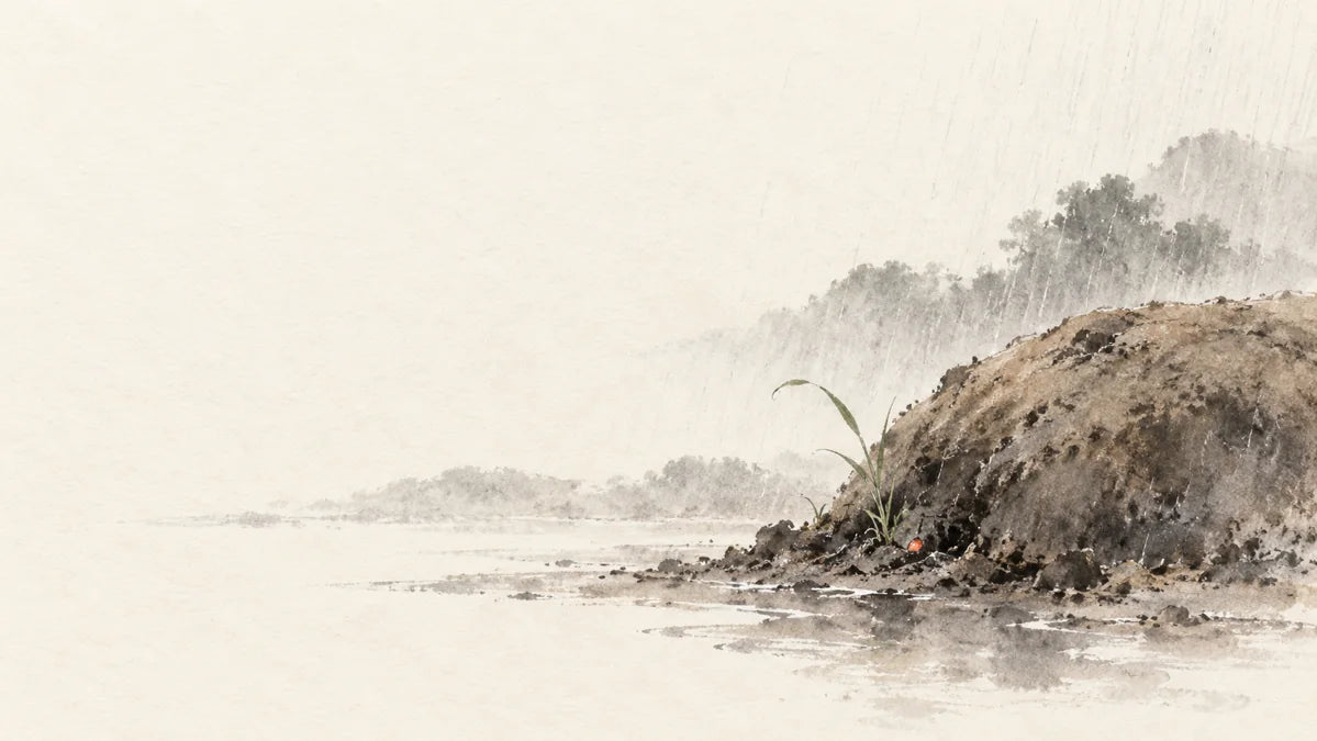 Ink wash painting of fine rain falling beside a dry earthen bank, a delicate grass shoot and one tiny warm ember.
