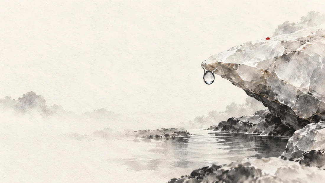 Ink wash painting of a single dew drop on a pale mineral surface above a still pool.