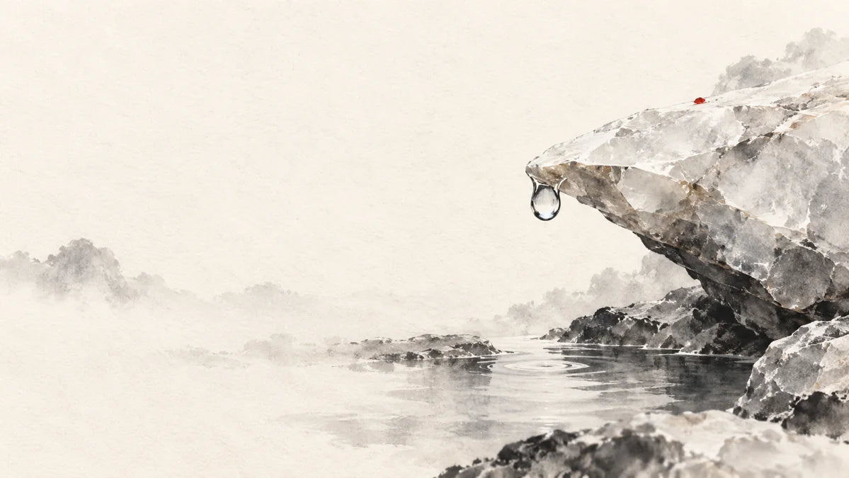 Ink wash painting of a single dew drop on a pale mineral surface above a still pool.