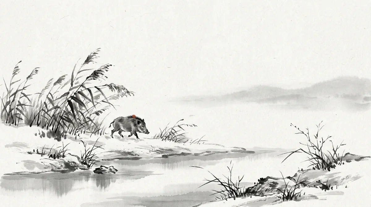 Ink wash illustration: a small wild boar beside winter reeds and a still stream