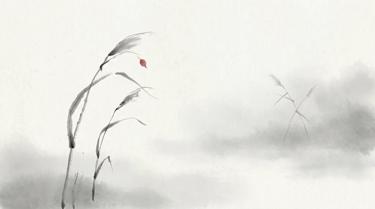 Ink wash illustration: two tall ink-brush reeds bending toward each other while two distant reeds cross in the mist, one tiny muted cinnabar leaf