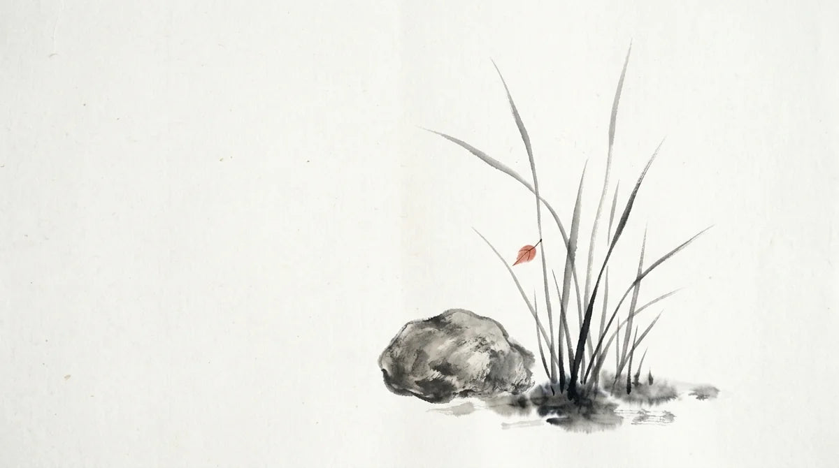 Ink wash illustration: ten slender ink strokes rising like young reeds beside a quiet stone, with one tiny muted cinnabar leaf