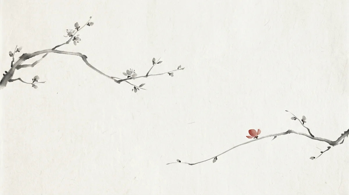 Ink wash illustration: two plum blossoms on separate slender branches with a single cinnabar petal and ample empty space