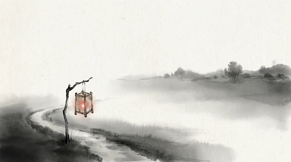 Ink wash illustration: a quiet lantern beside a narrow evening path, with one muted cinnabar glow