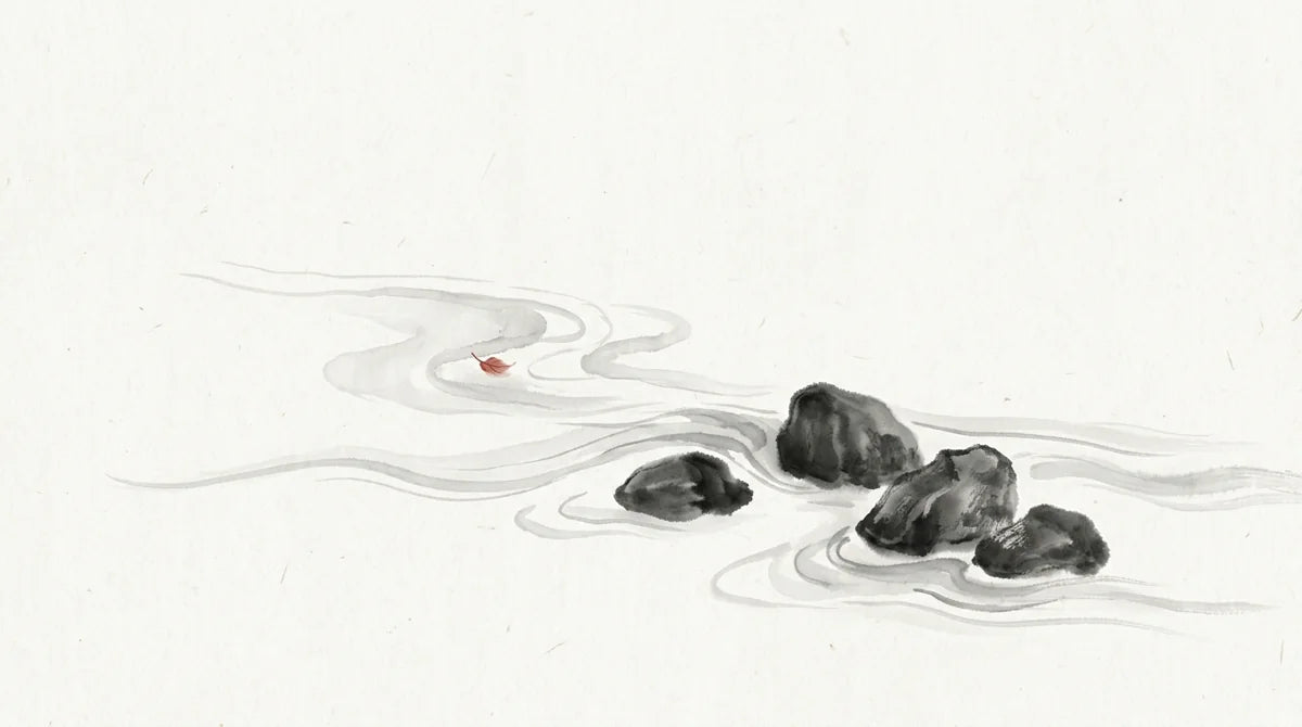Ink wash illustration: several pale ink currents meeting and separating around four still stones, one tiny muted cinnabar leaf