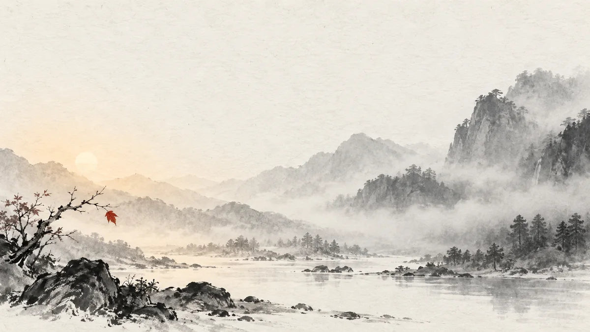 Ink wash illustration: a quiet valley transitioning from soft warmth into cool mist