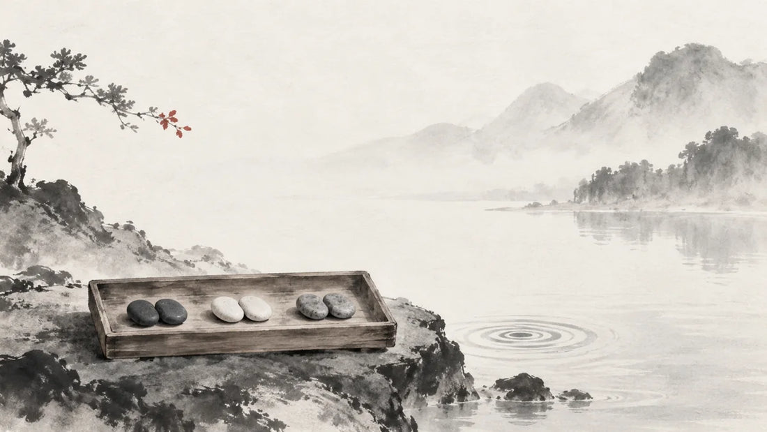 Ink wash painting of a shallow wooden tray holding three distinct adjacent pairs of smooth pebbles beside a tiny ripple.