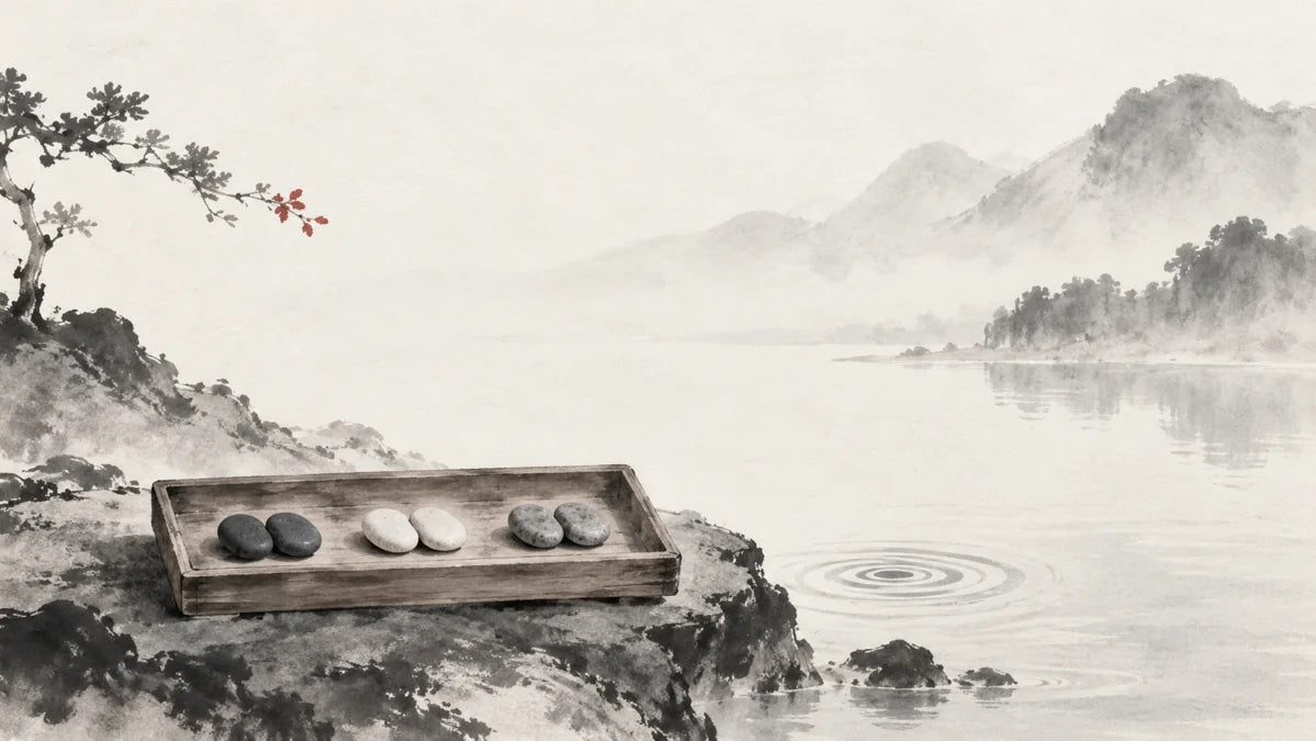 Ink wash painting of a shallow wooden tray holding three distinct adjacent pairs of smooth pebbles beside a tiny ripple.
