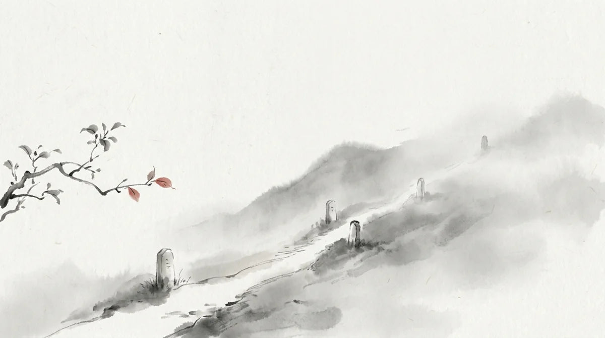Ink wash illustration: a narrow mountain path passing four simple stone markers in pale ink mist, with one muted cinnabar leaf