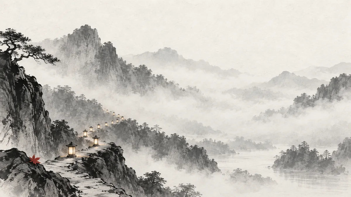 Ink wash illustration: a narrow path through mist marked by twelve faint pools of light