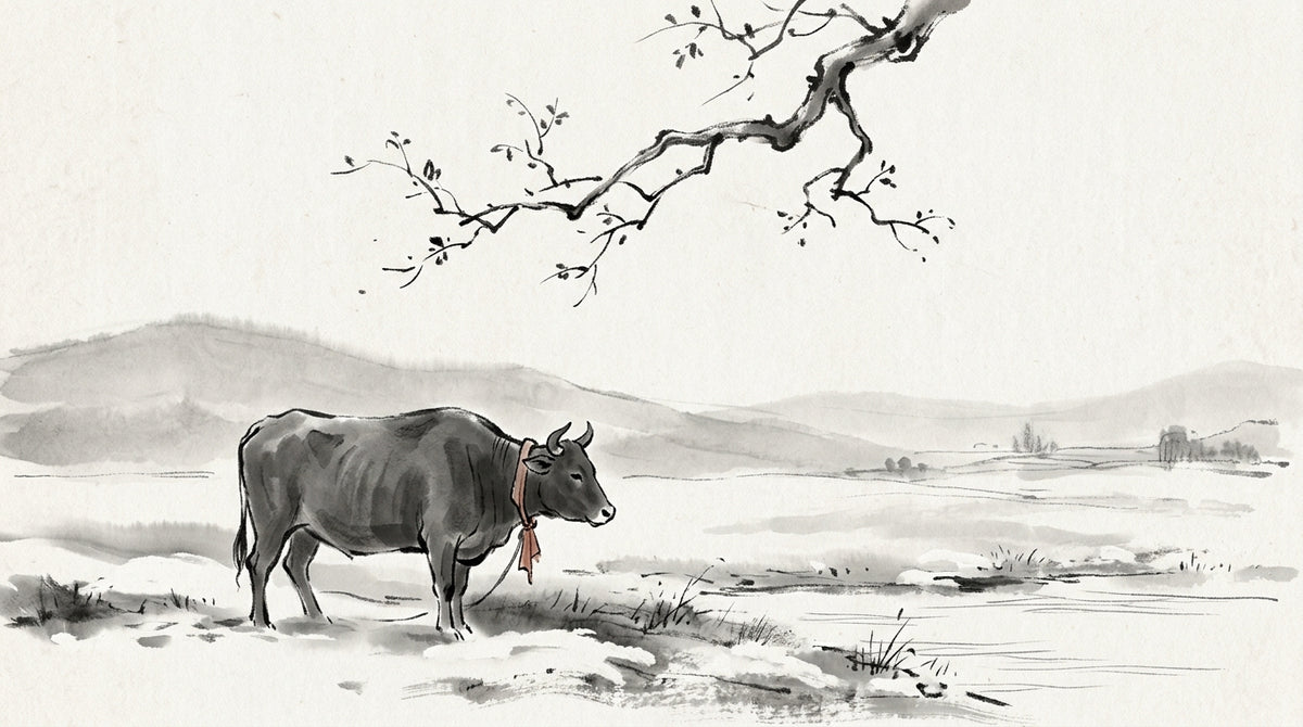 Ink wash painting of an ox in a frozen winter field — Chou earthly branch