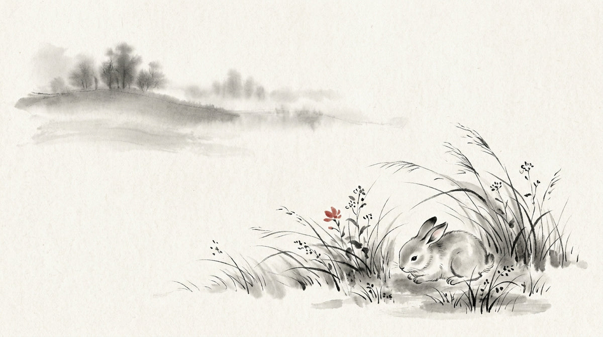 Ink wash painting of a rabbit among spring grass — Mao earthly branch