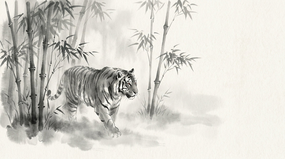 Ink wash painting of a tiger in a bamboo grove — Yin earthly branch