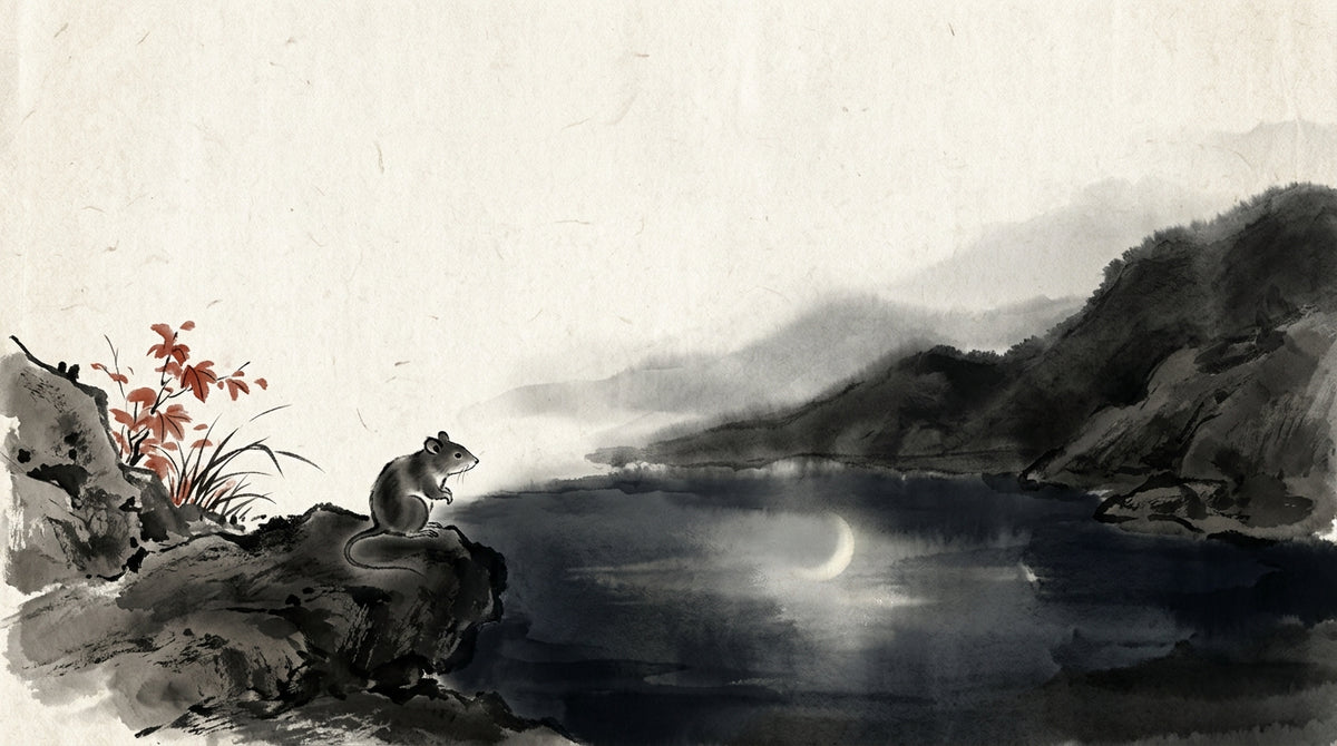 Ink wash painting of a rat by a still pool — Zi earthly branch