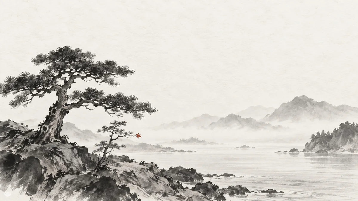 Ink wash illustration: a sturdy pine on a rocky shore beside a younger slender tree
