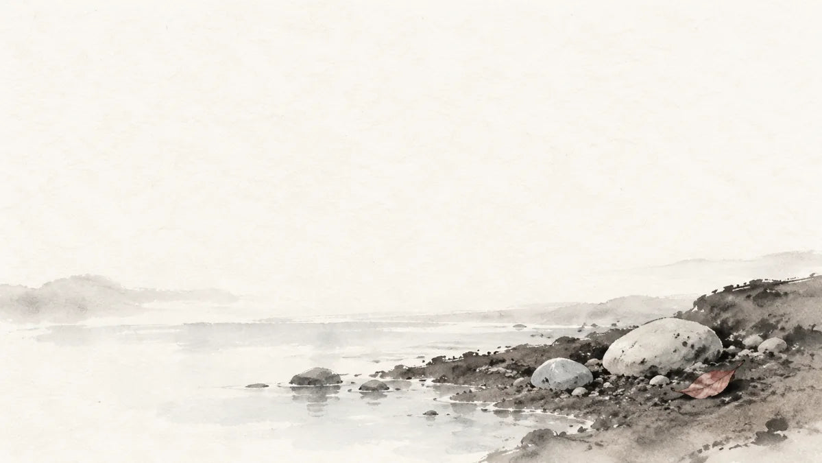 Ink wash painting of a low bank of cool damp soil beside a shallow pool and pale mineral pebbles.
