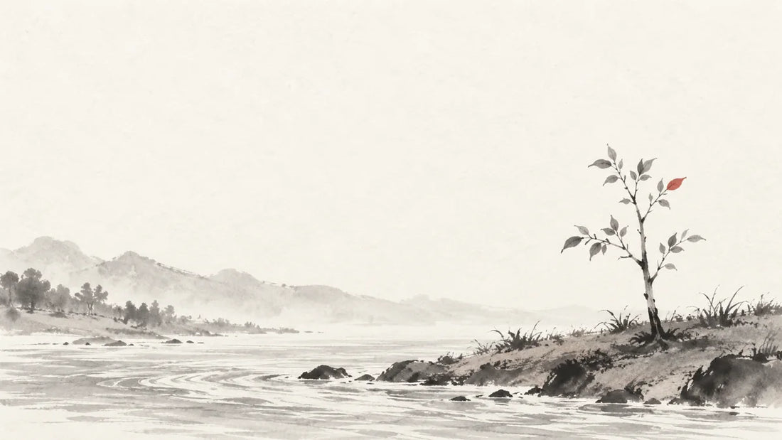 Ink wash painting of a soft earthen riverbank with flowing water and a young upright tree.