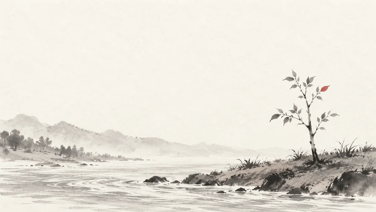 Ink wash painting of a soft earthen riverbank with flowing water and a young upright tree.