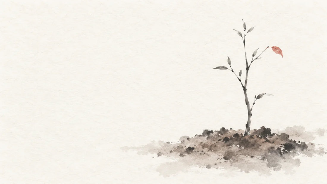 Ink wash painting of a patch of soft cultivated earth with one slender rooted sapling.