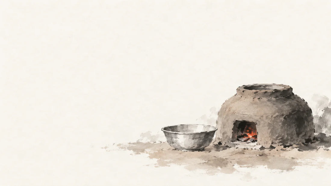 Ink wash painting of a low unglazed clay kiln with a tiny ember and a pale metal bowl.
