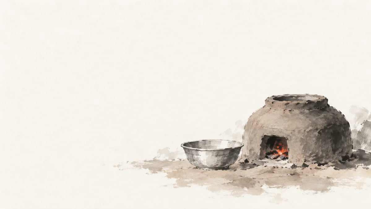 Ink wash painting of a low unglazed clay kiln with a tiny ember and a pale metal bowl.