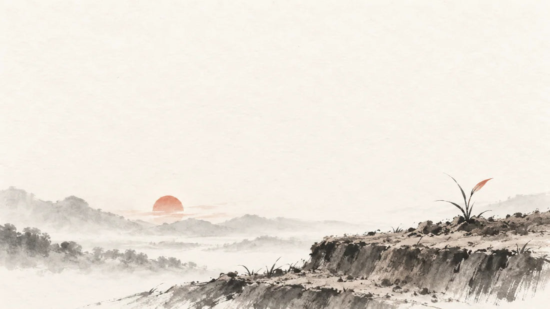 Ink wash painting of a low sun-warmed earthen terrace with a small grass shoot.