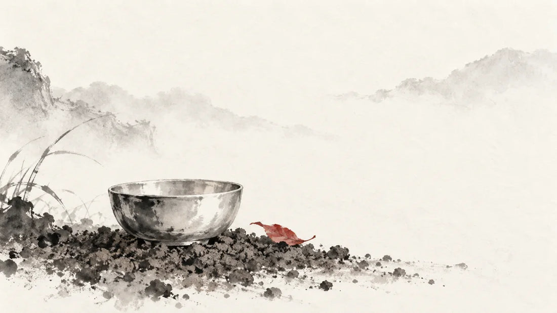 Ink wash painting of a small polished silver bowl resting on fine cultivated soil.