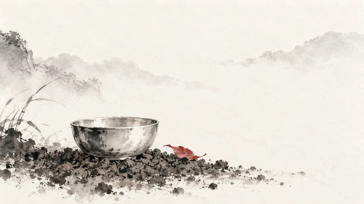 Ink wash painting of a small polished silver bowl resting on fine cultivated soil.