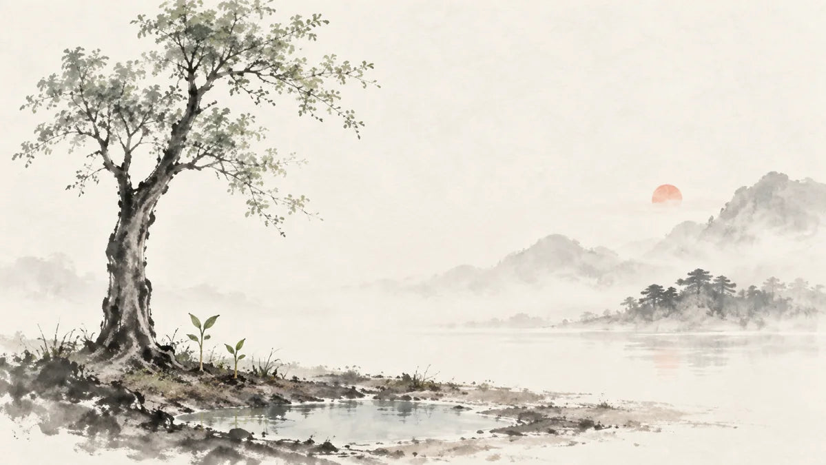 Ink wash painting of an upright tree beside damp spring soil, tender shoots and a small pool.