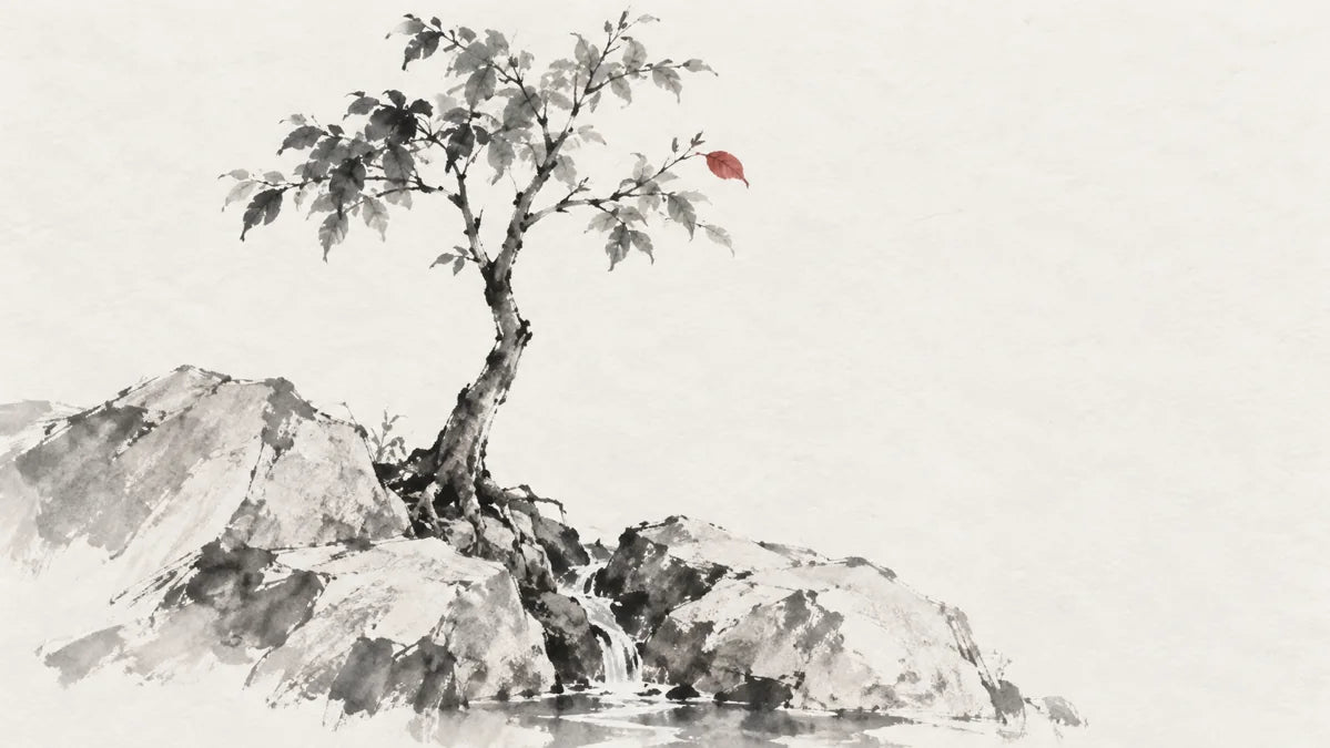 Ink wash painting of an upright tree among angular rocks with a thin trickle of water.