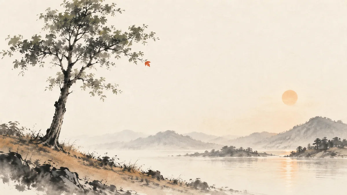 Ink wash painting of an upright tree above sun-warmed earth with one small red leaf.